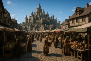 城と石畳の市場で買い物をする人々