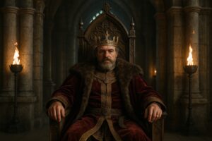 王座に座る厳かな王と石造りの王宮