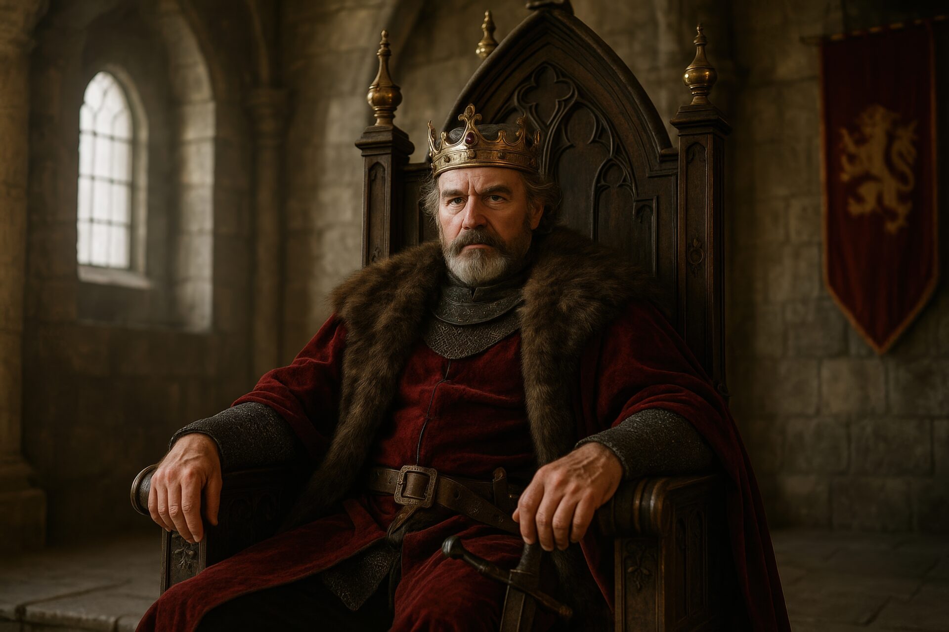 玉座に座る王と石造りの王宮