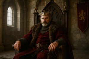 玉座に座る王と石造りの王宮