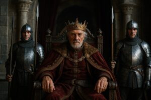 護衛に囲まれた王と荘厳な玉座