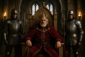 黄金の玉座に座る王と武装した護衛