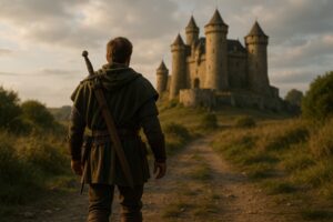 剣士が夕暮れの城に向かって歩く