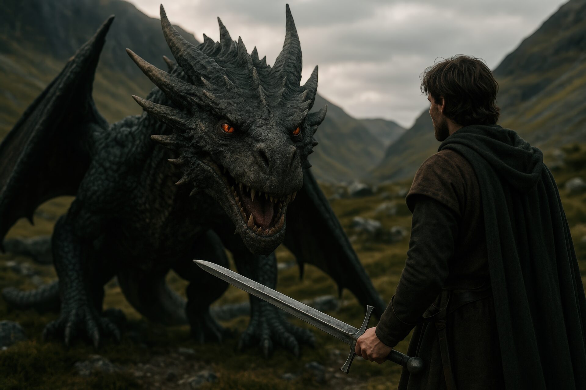 ドラゴンと対峙する剣士