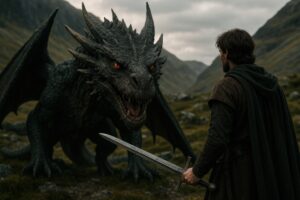 ドラゴンと対峙する剣士