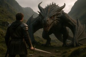 剣を構える冒険者と威嚇するドラゴン