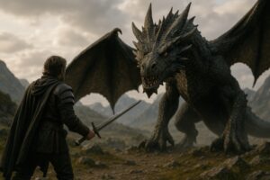 羽を広げたドラゴンと剣士の対決