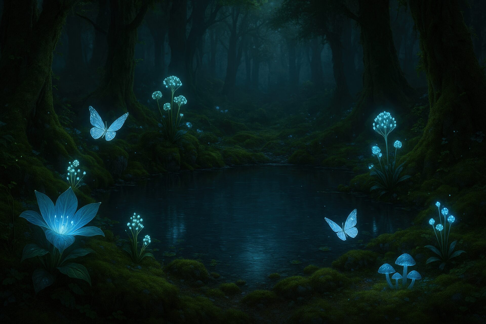 青く光る蝶と幻想的な森の泉