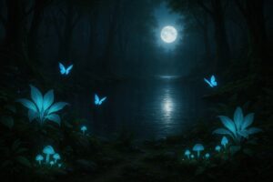 満月と青い蝶が舞う神秘的な森