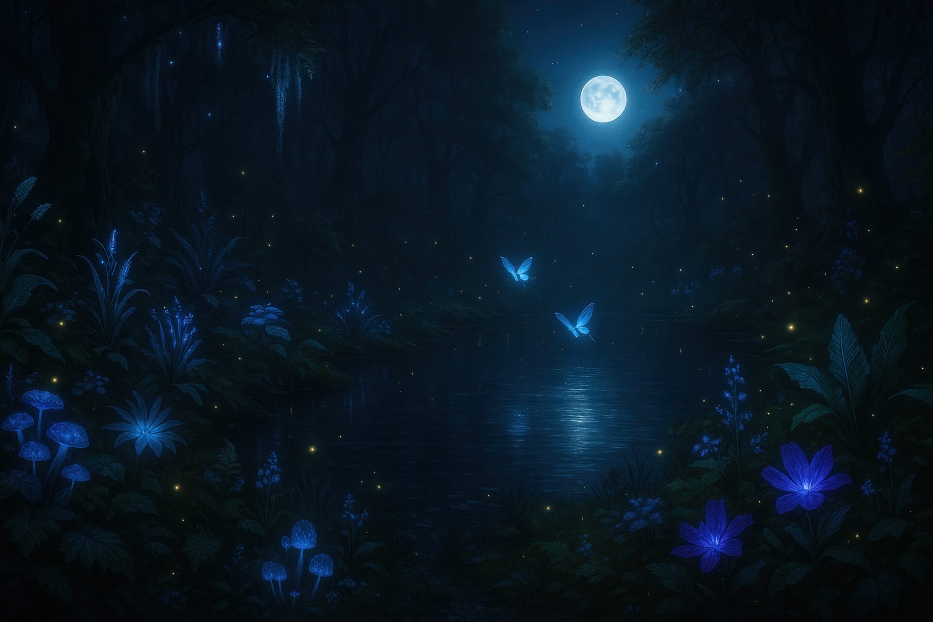 満月と発光する花々と蝶の夜の森