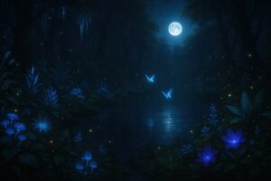 満月と発光する花々と蝶の夜の森