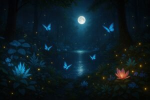 蛍と蝶が舞う幻想的な夜の森
