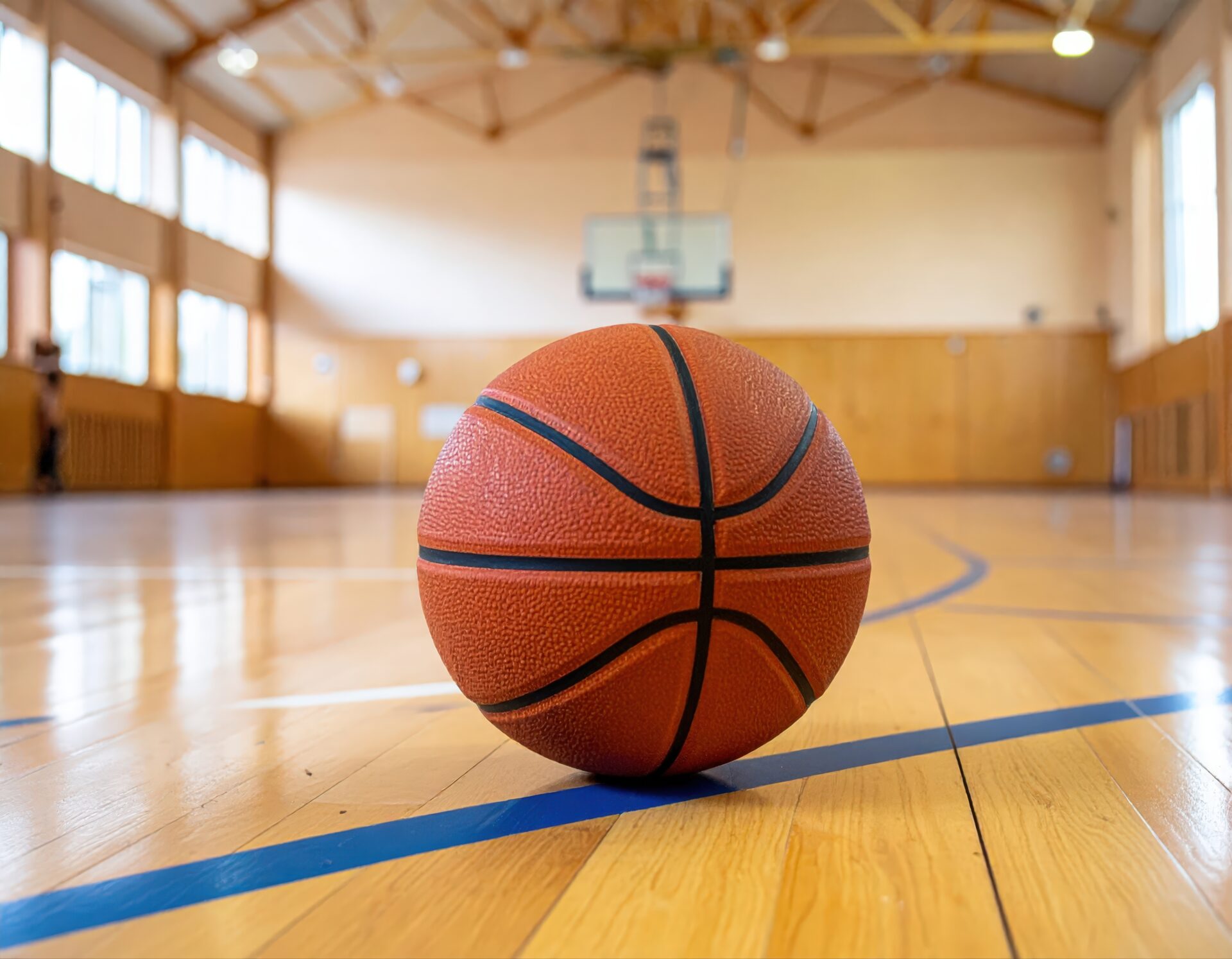 明るい体育館に置かれたバスケットボール