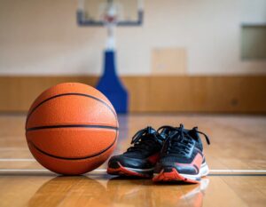 赤と黒のバスケットシューズとバスケットボール