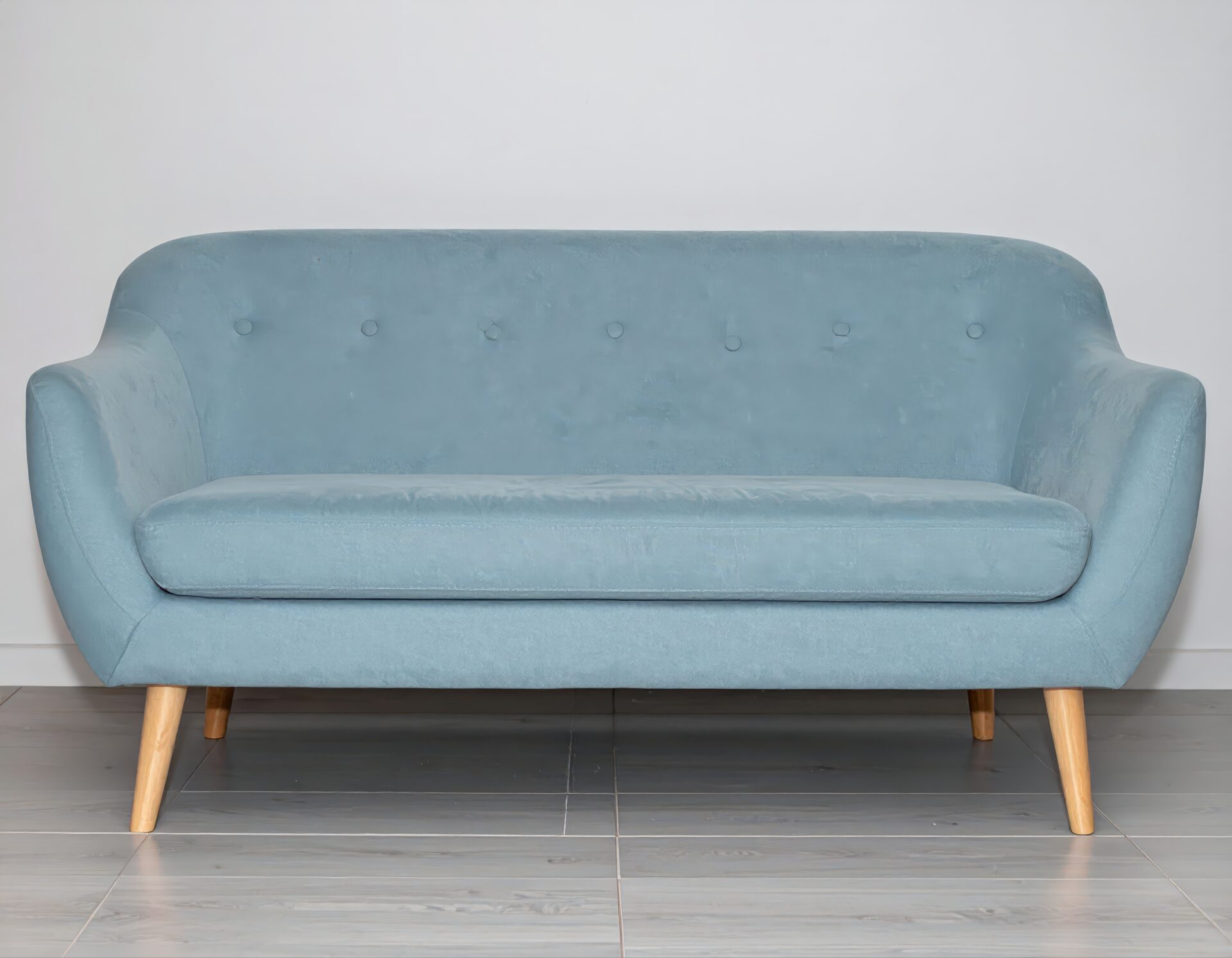 水色のレトロデザイン2人掛けソファ
