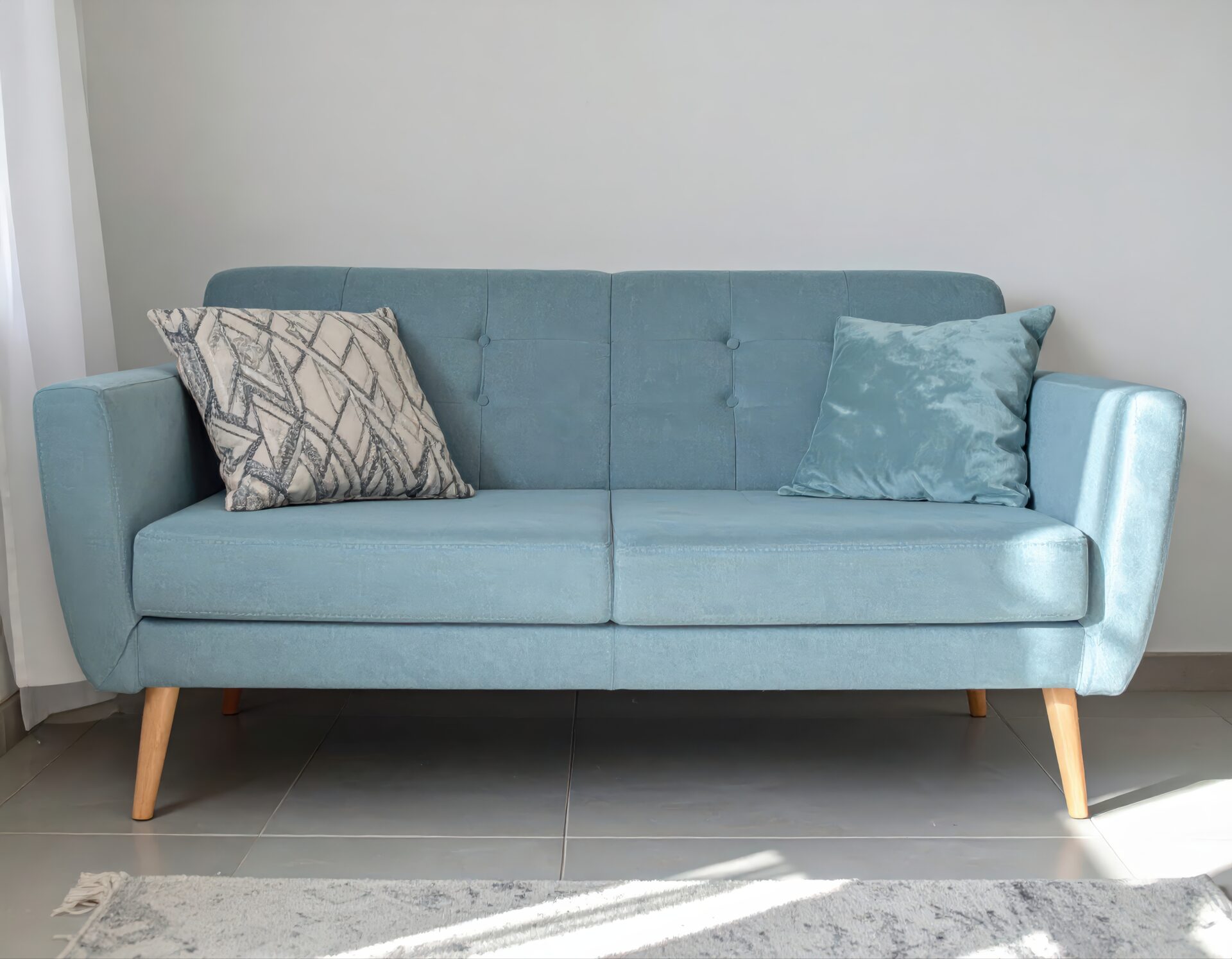 クッション2個付きのブルーソファ