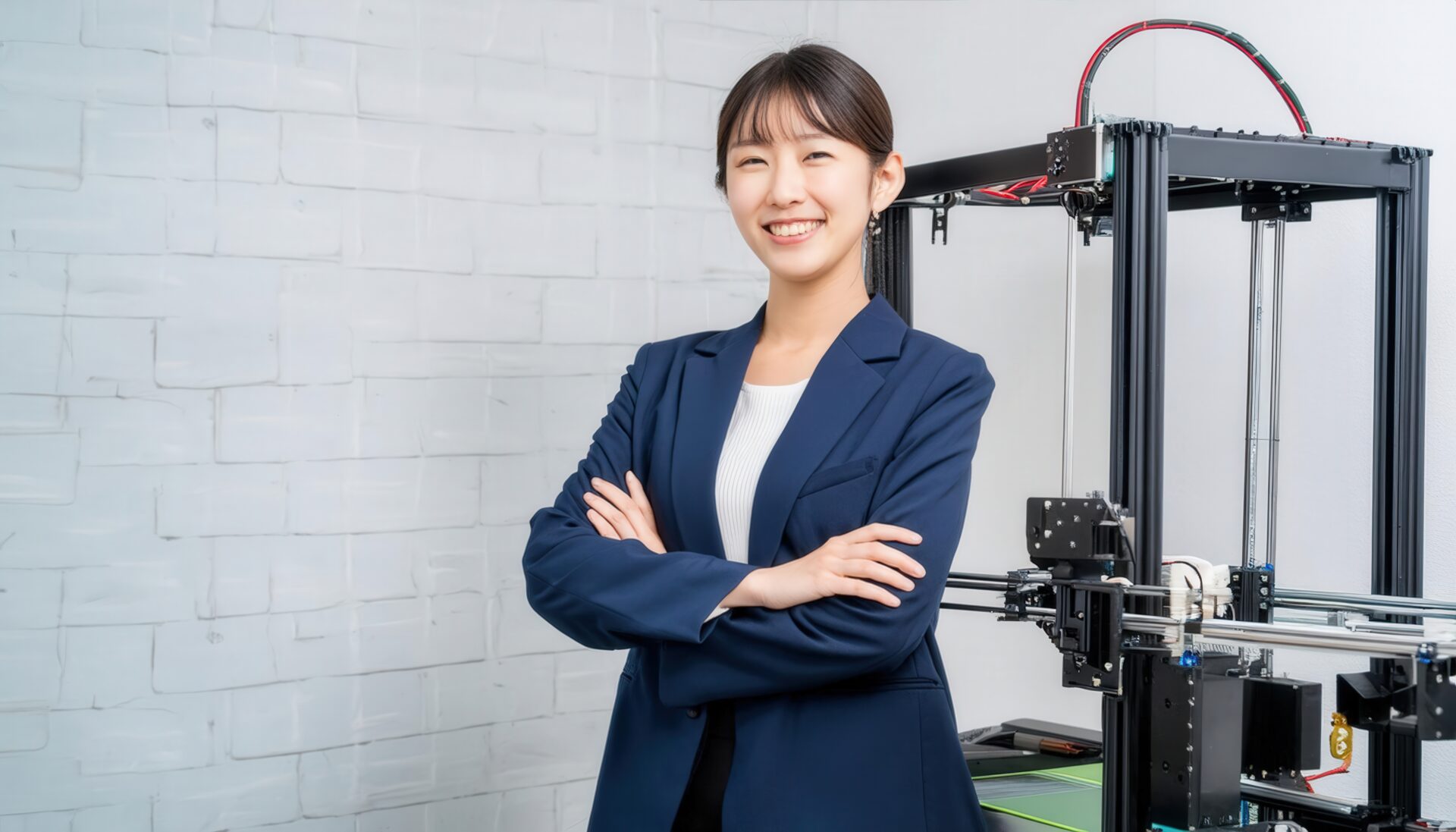 3Dプリンターとネイビースーツの女性