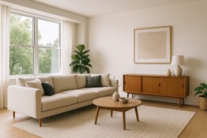 ベージュの3人掛けソファと木製テーブルのリビング