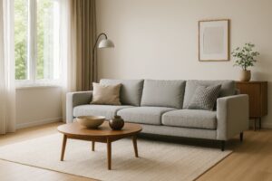 グレーの3人掛けソファとクッションの落ち着いたリビング