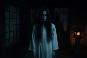 薄暗い和風の建物に立つ白装束の幽霊風人物