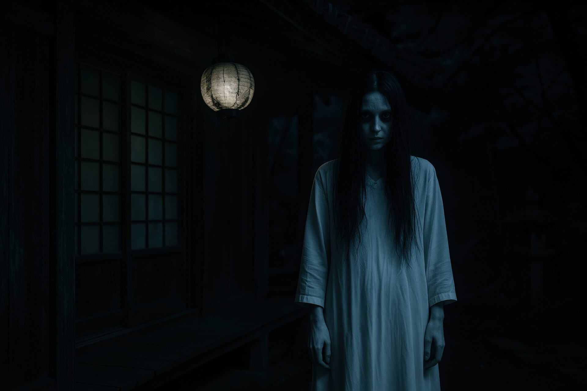 ぼんやり灯る灯篭の前に立つ白装束の人物