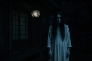 ぼんやり灯る灯篭の前に立つ白装束の人物