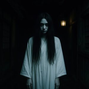 夜の路地に立つ長髪の白装束の人物