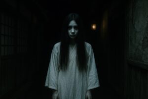 暗い小道に立つ白装束の幽霊風人物