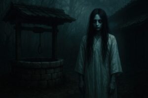 井戸の前に立つ長髪の白装束の人物