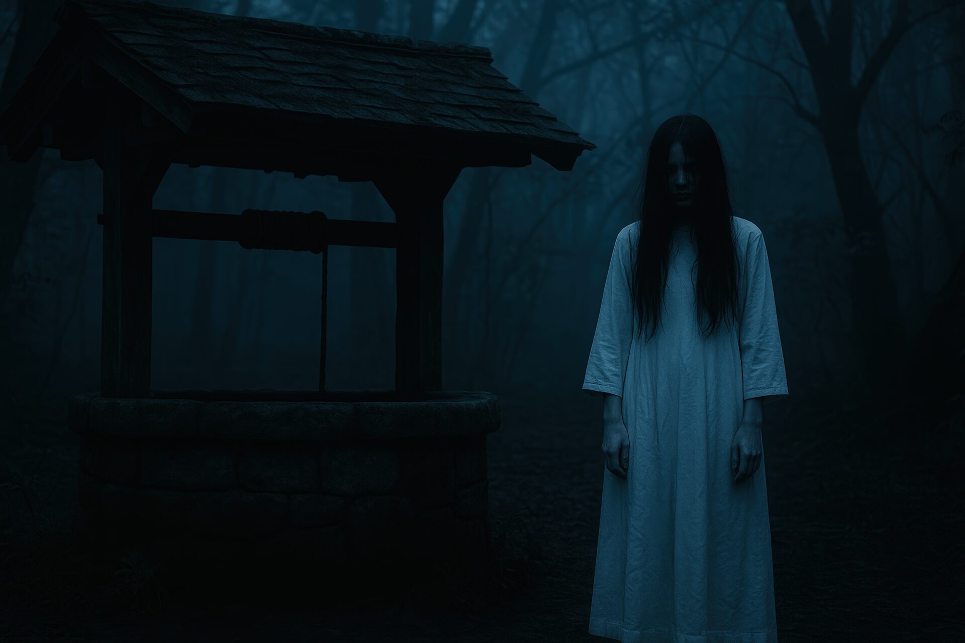 霧の森の中の井戸と白装束の幽霊風人物