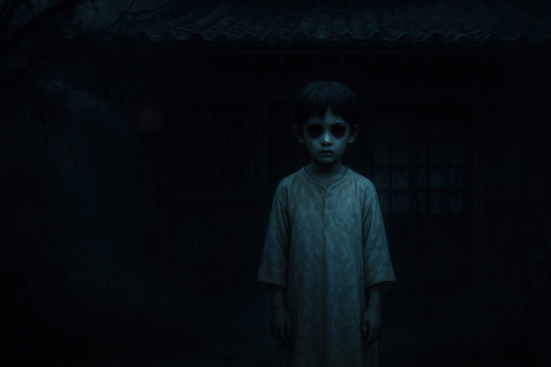 古い家屋の前に立つ黒い目の少年