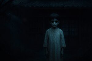 古い家屋の前に立つ黒い目の少年