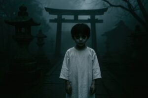 霧の中の神社の鳥居前に立つ少年の幽霊風人物