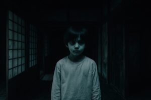 和風の建物の中で無表情に立つ少年