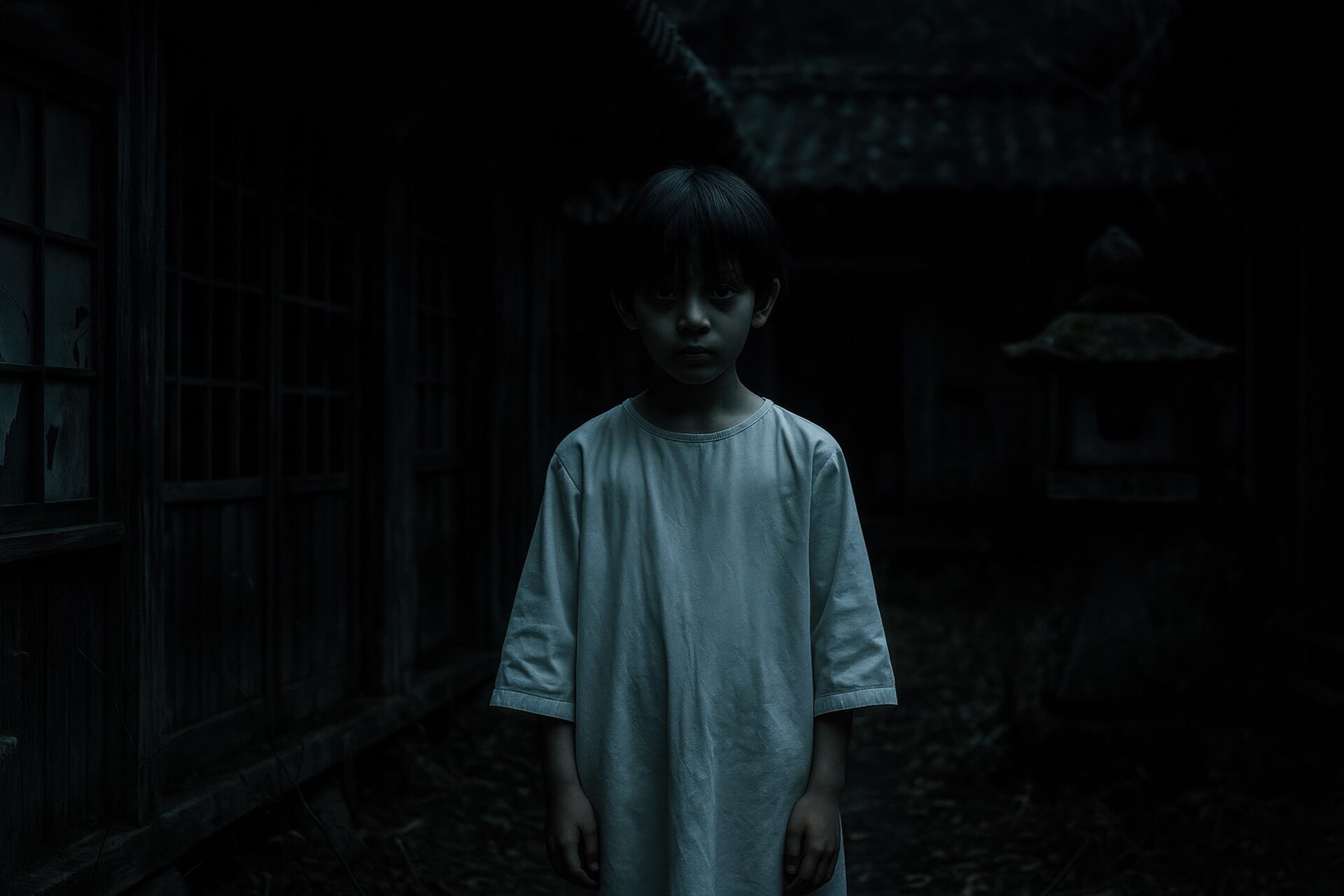 朽ちた家屋の前に立つ少年の幽霊風人物