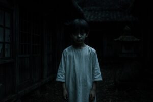 朽ちた家屋の前に立つ少年の幽霊風人物