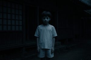 街灯の下に立つ長髪の白装束の幽霊風人物