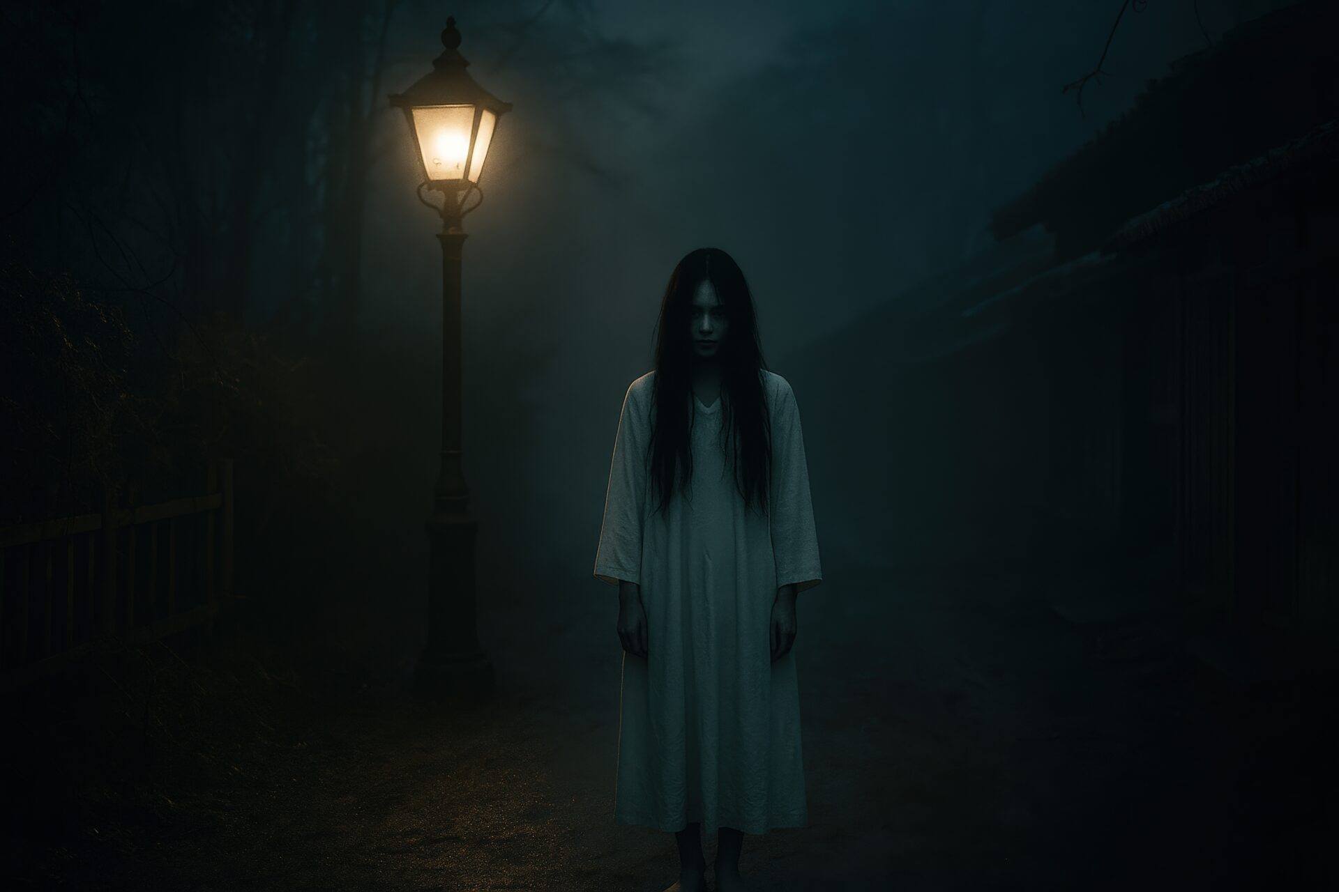 夜道の街灯のそばに立つ白装束の幽霊風人物