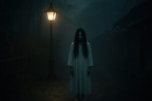 夜道の街灯のそばに立つ白装束の幽霊風人物