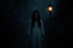 霧の夜道に立つ白装束の長髪の幽霊風人物