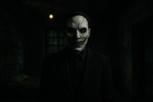 骸骨の仮面をかぶったスーツ姿の人物