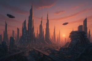 夕焼け空に浮かぶ宇宙船と未来都市の高層ビル群