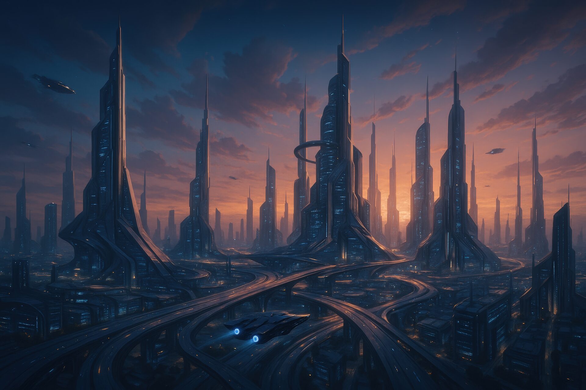 夕暮れの未来都市と複雑な高速道路を飛行する宇宙船