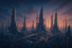 夕暮れの未来都市と複雑な高速道路を飛行する宇宙船