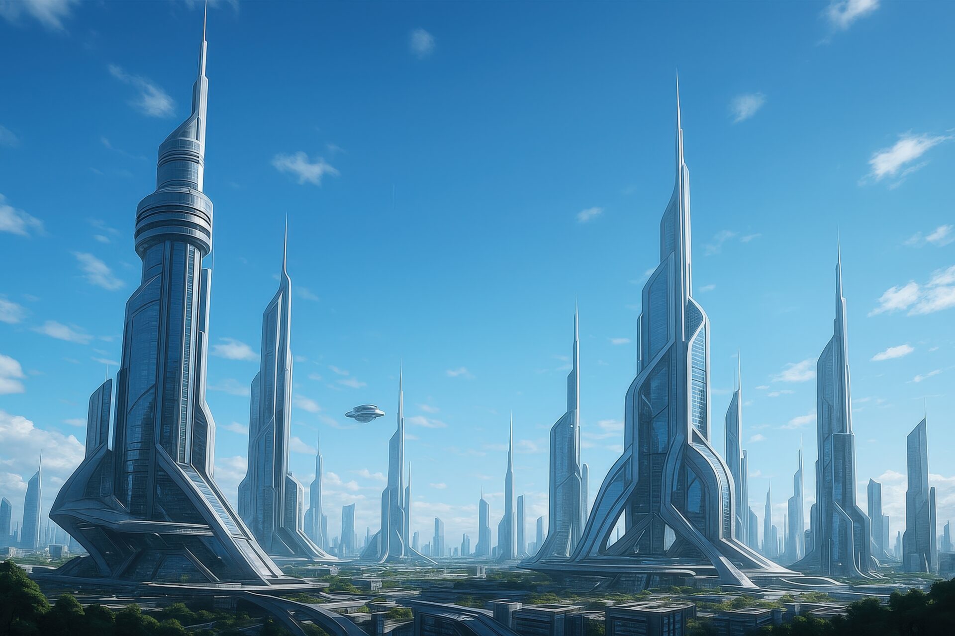 青空の下に立ち並ぶ近未来的な高層ビル群