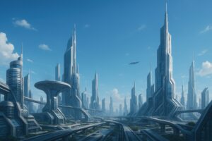 晴天の近未来都市と浮かぶ宇宙船