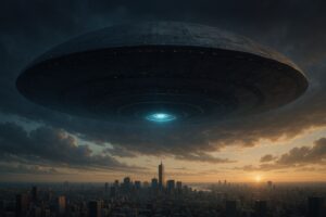 巨大UFOが上空に現れた都市の夕景