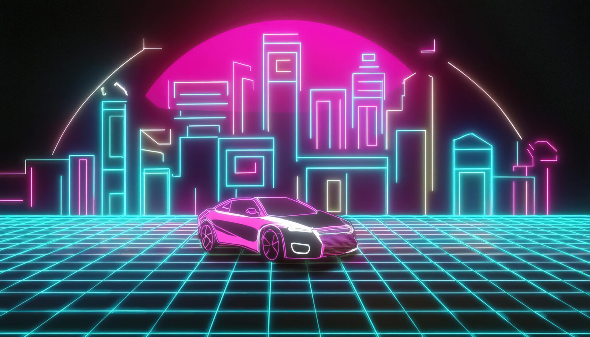 ネオンライトと近未来的な都市と車