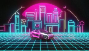 ネオンライトと近未来的な都市と車