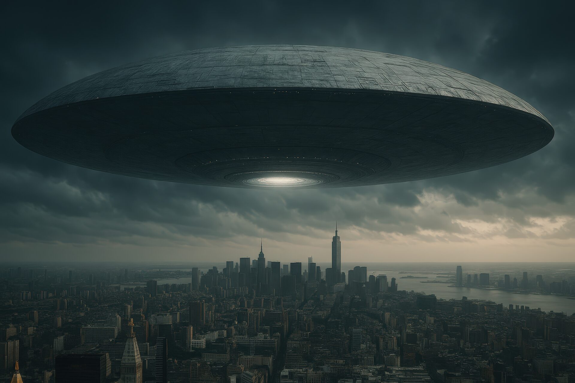 曇り空の都市上空に浮かぶ巨大円盤型UFO